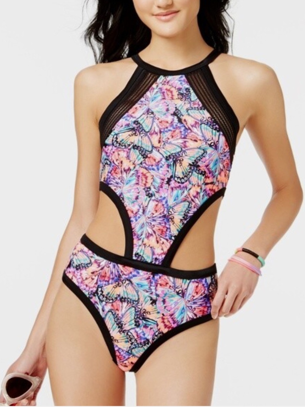Body Glove Girls Multicolor Butterfly Print One-Piece with Black Trim